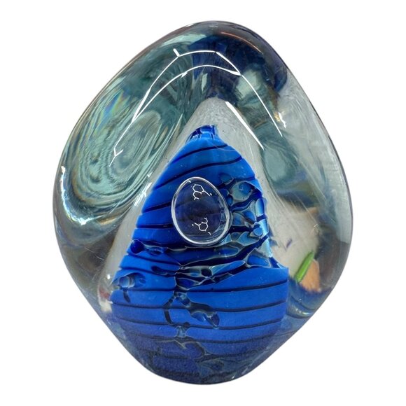 Blue Black Swirl Robert Eickholt Art Glass Blue Swirl Paperweight Signed 2000 - Picture 1 of 7